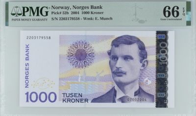 ❄️🍂甜小邱世界纸币收藏🍂第95期🐇❄️ - PMG66 挪威 1000克朗 最高值 2004 蒙克