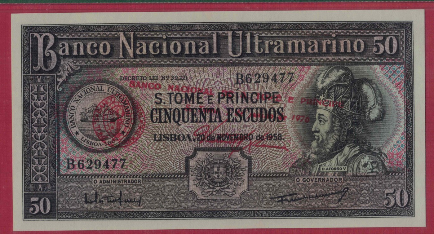 圣多美和普林西比1976年50埃斯库多 P-45 由1958年版改印 非洲纸币 实物图 UNC