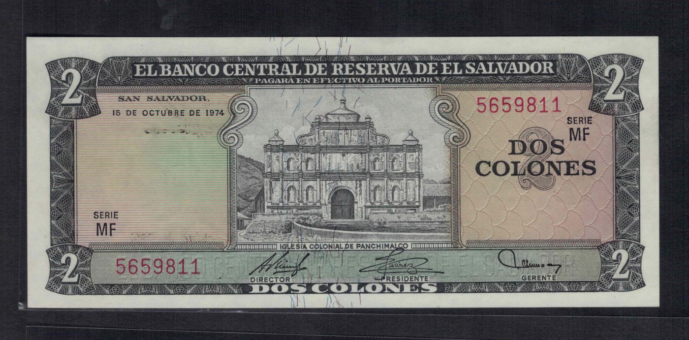萨尔瓦多1974年2科朗 MF序列 无47 11双尾 P-116b 美洲纸币 实物图 UNC