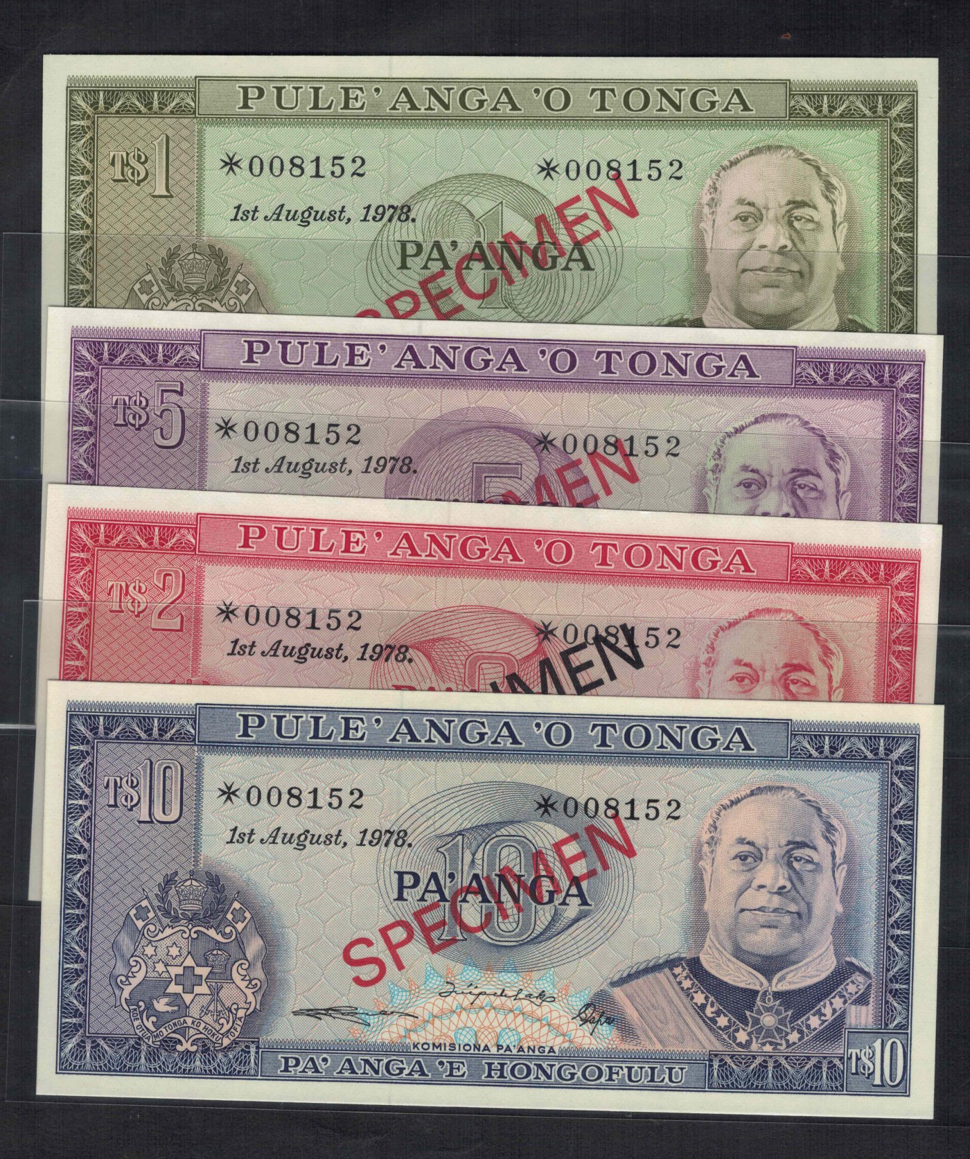 汤加1978年1、2、5、10潘加 样钞;票样;样票 四枚全同号 无47 实物图 UNC