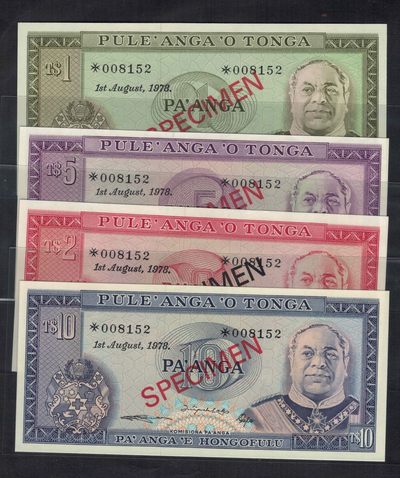 汤加1978年1、2、5、10潘加 样钞;票样;样票 四枚全同号 无47 实物图 UNC - 汤加1978年1、2、5、10潘加 样钞;票样;样票 四枚全同号 无47 实物图 UNC