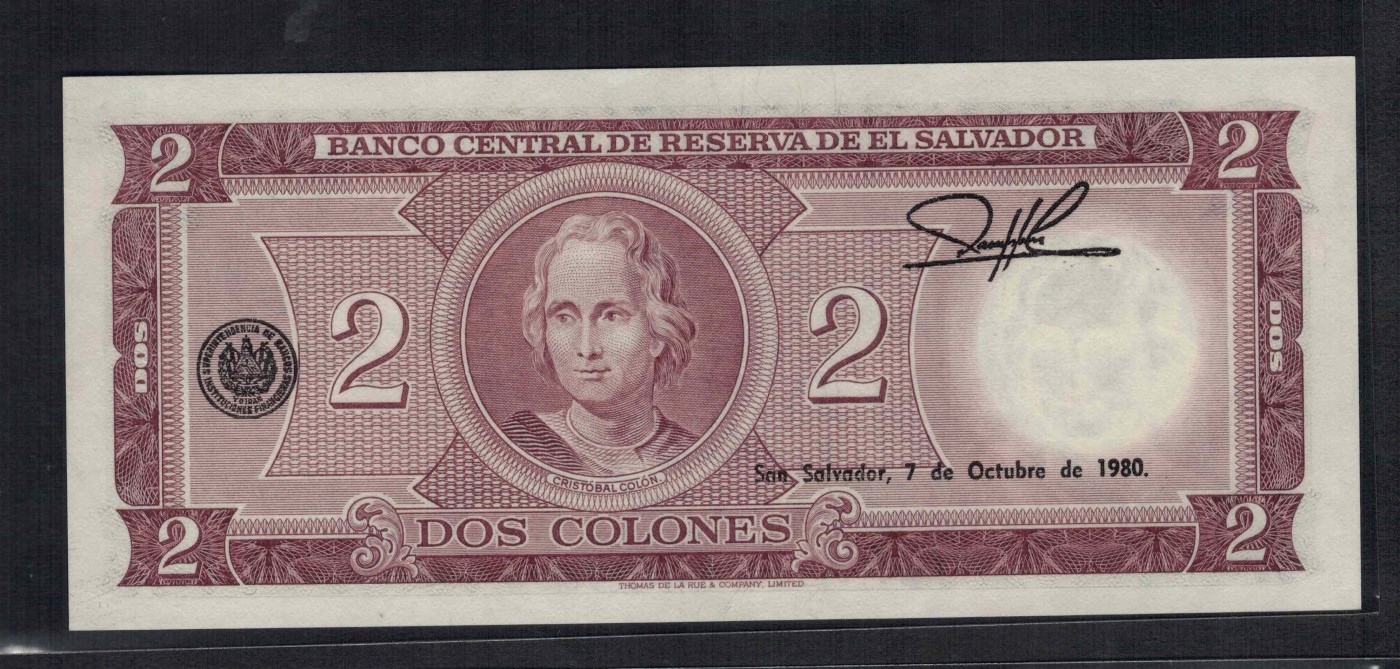 萨尔瓦多1974年2科朗 MF序列 无47 11双尾 P-116b 美洲纸币 实物图 UNC