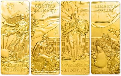 【海寕潮】拍卖第105期 - 【海寧潮】巴巴多斯2022年自由女神条形镀金纪念1盎司银币4枚套装，国外售价814美金！