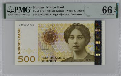 《张总收藏》127期-外币精品汇 - 挪威1999首发年a版500克朗PMG66E 非常稀少Pick#51a 非再版可比 女小说家S.温斯特