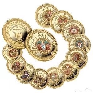 【海寕潮】拍卖第九十一期 - 【海寧潮E】喀麦隆2018,“黄金星座”，十二星座整体镀金彩色精制银币(12枚全套装). 带原配吊坠扣环,盒证全. 精极品高颜值星座银币. 原价8999元，往期(38期)单枚成交价为559元