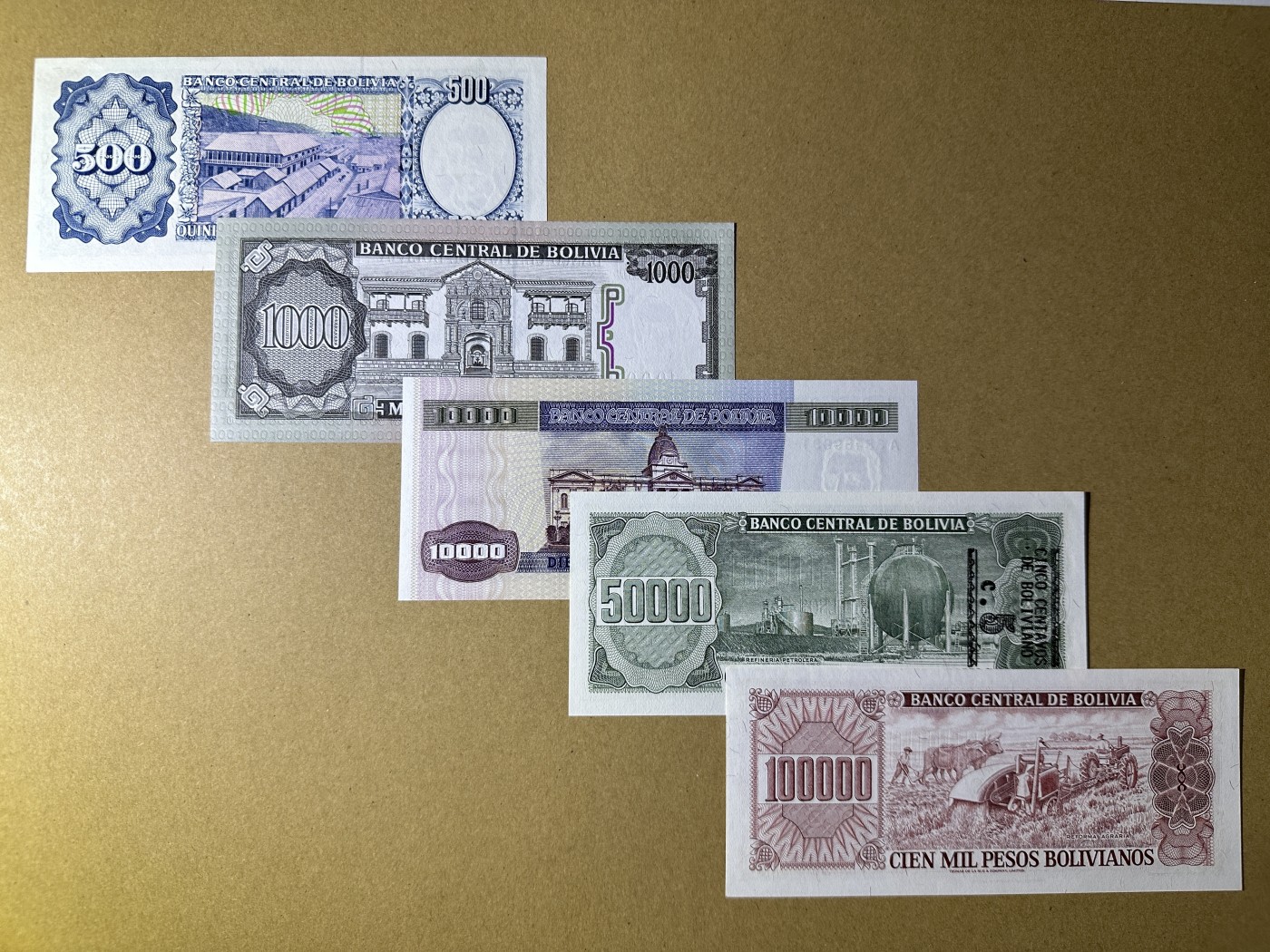 《张总收藏》127期-外币精品汇 玻利维亚500-100000玻利瓦尔5张 UNC 1981-1984年版