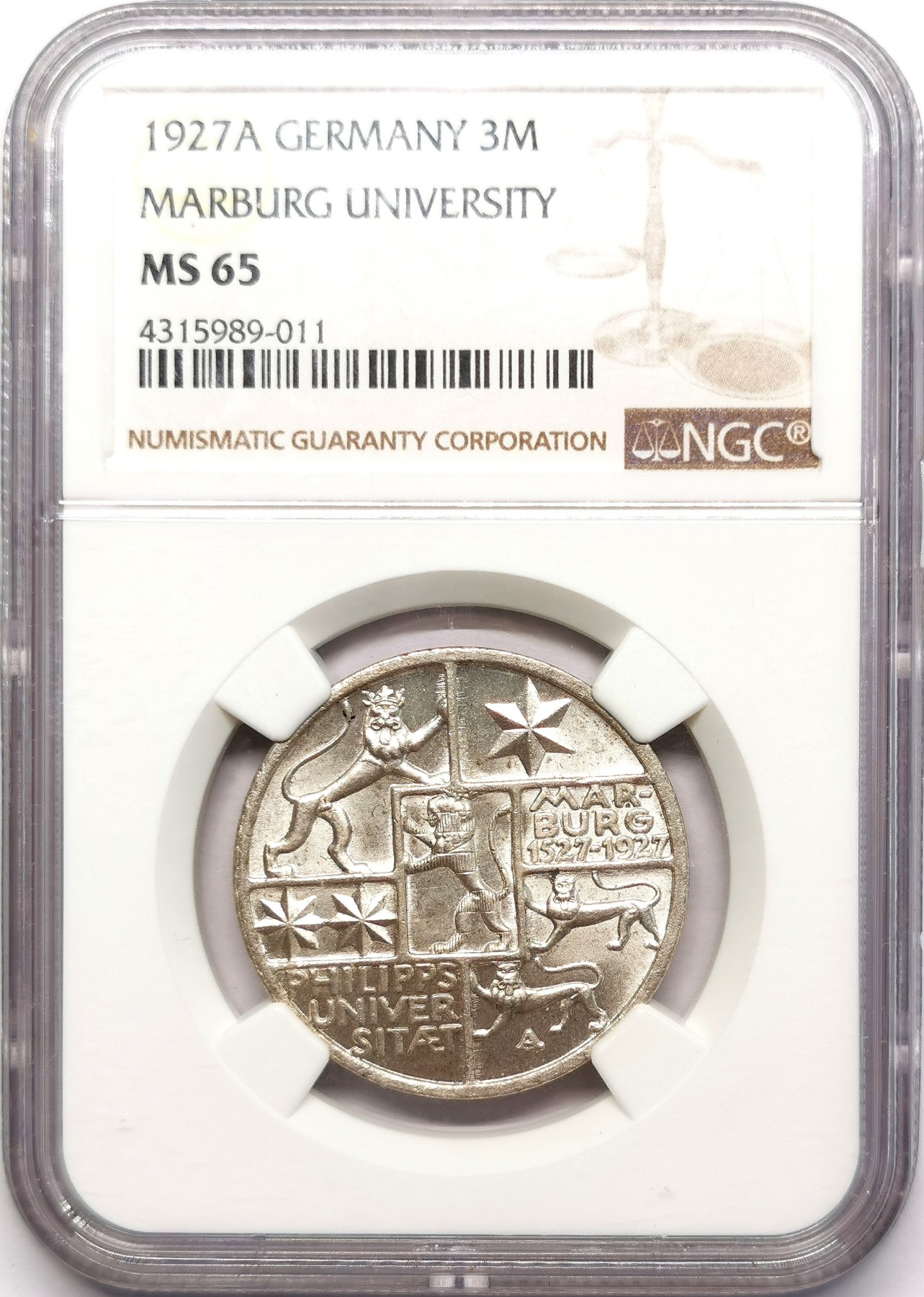 凡希社世界钱币微拍第二百五十五期 1927魏玛马尔堡大学纪念3马克NGC-MS65