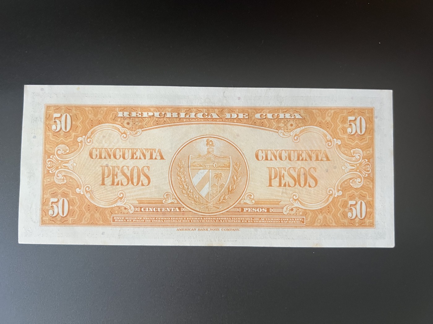 🌗乐淘淘纸币拍卖 第30期 裸钞场🌓 【B900277A】古巴1958年纸币 50比索 UNC