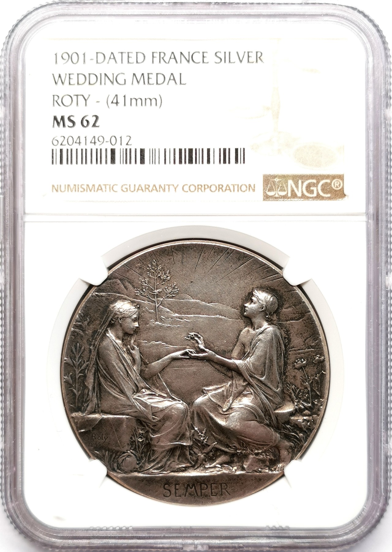 凡希社世界钱币微拍第二百五十五期 1901法国爱之永恒艺术银章NGC-MS62 Roty作品！