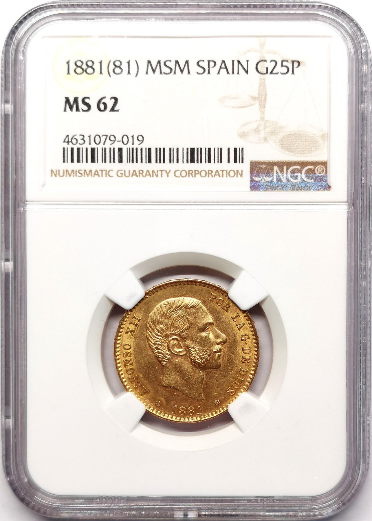 凡希社世界钱币微拍第二百五十五期 1881西班牙阿方索十二25P金币NGC-MS62
