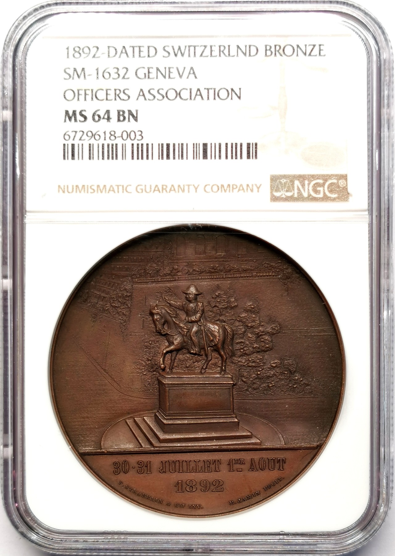 凡希社世界钱币微拍第二百五十五期 1892瑞士军官协会纪念铜章NGC-MS64最高分！