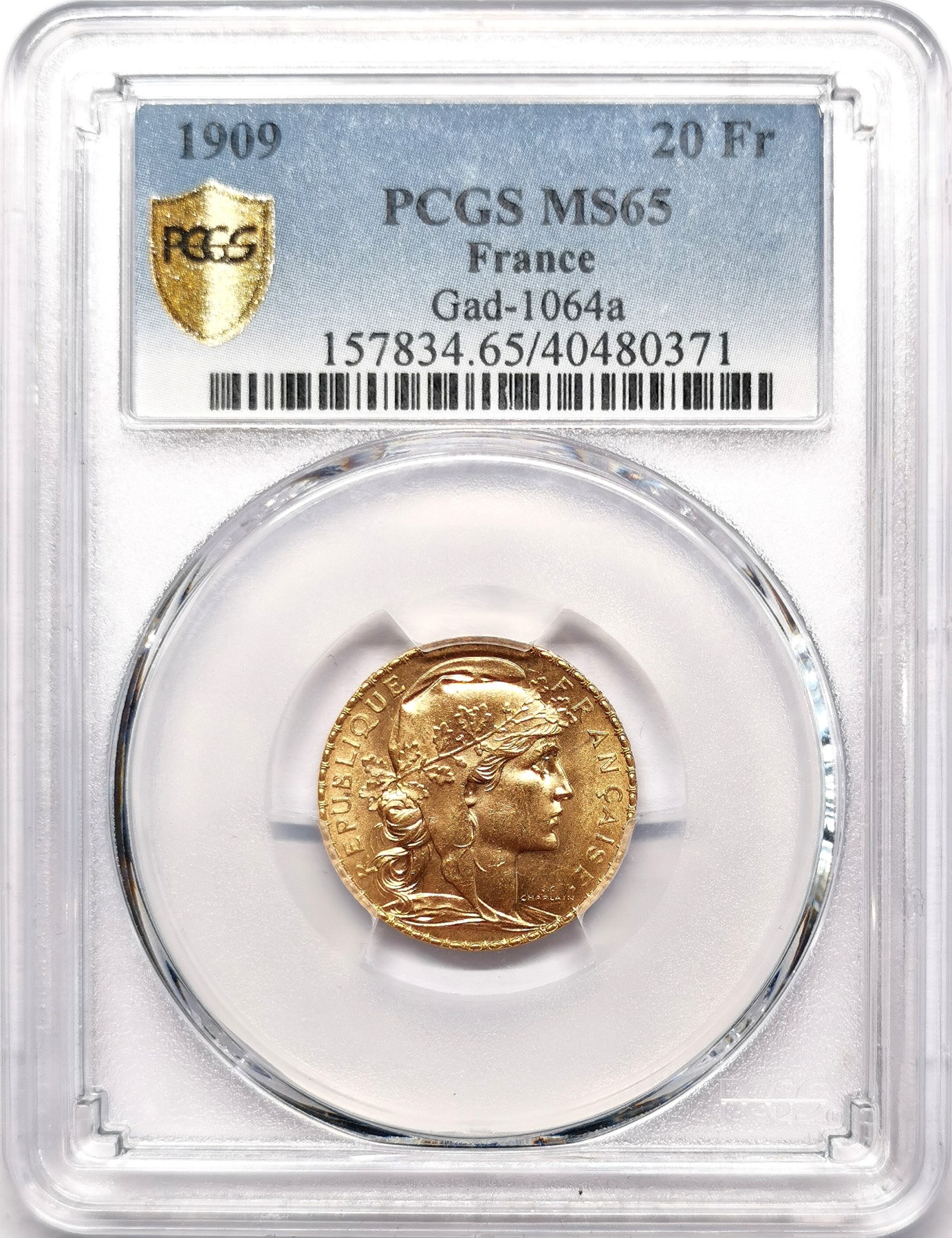 凡希社世界钱币微拍第二百五十五期 1909法国自由帽女神20法郎金币PCGS-MS65