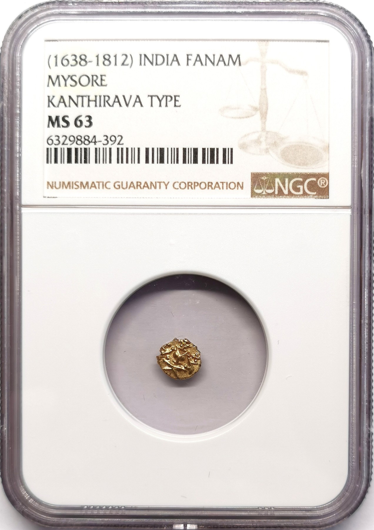 凡希社世界钱币微拍第二百五十五期 1638-1812印度迈索尔王国Fanam金币NGC-MS63