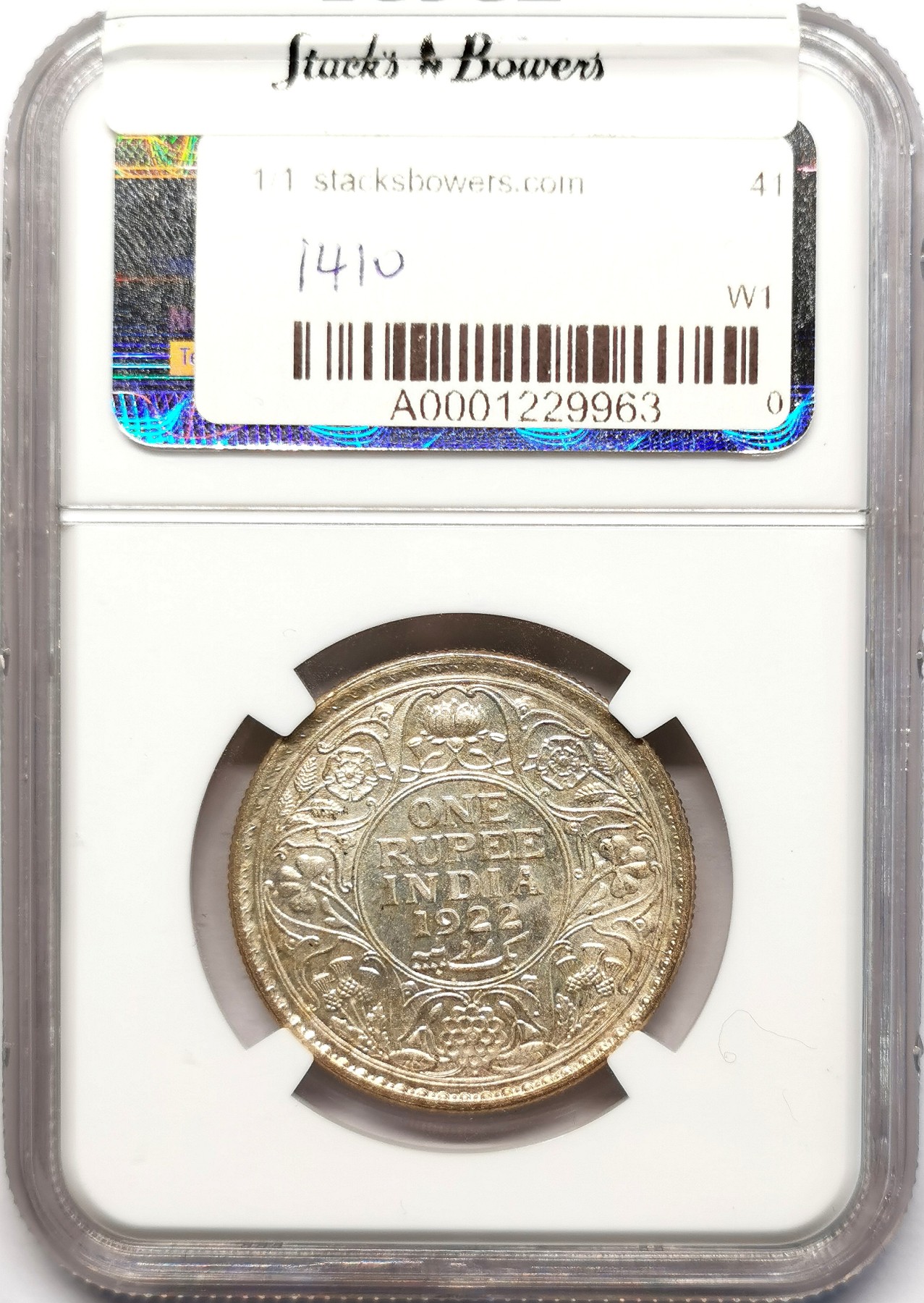 凡希社世界钱币微拍第二百五十五期 1922B英属印度乔五卢比NGC-MS63