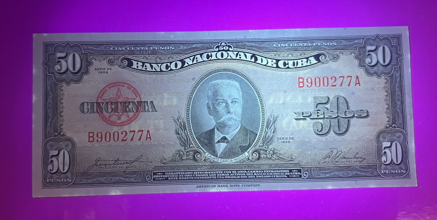 🌗乐淘淘纸币拍卖 第30期 裸钞场🌓 【B900277A】古巴1958年纸币 50比索 UNC