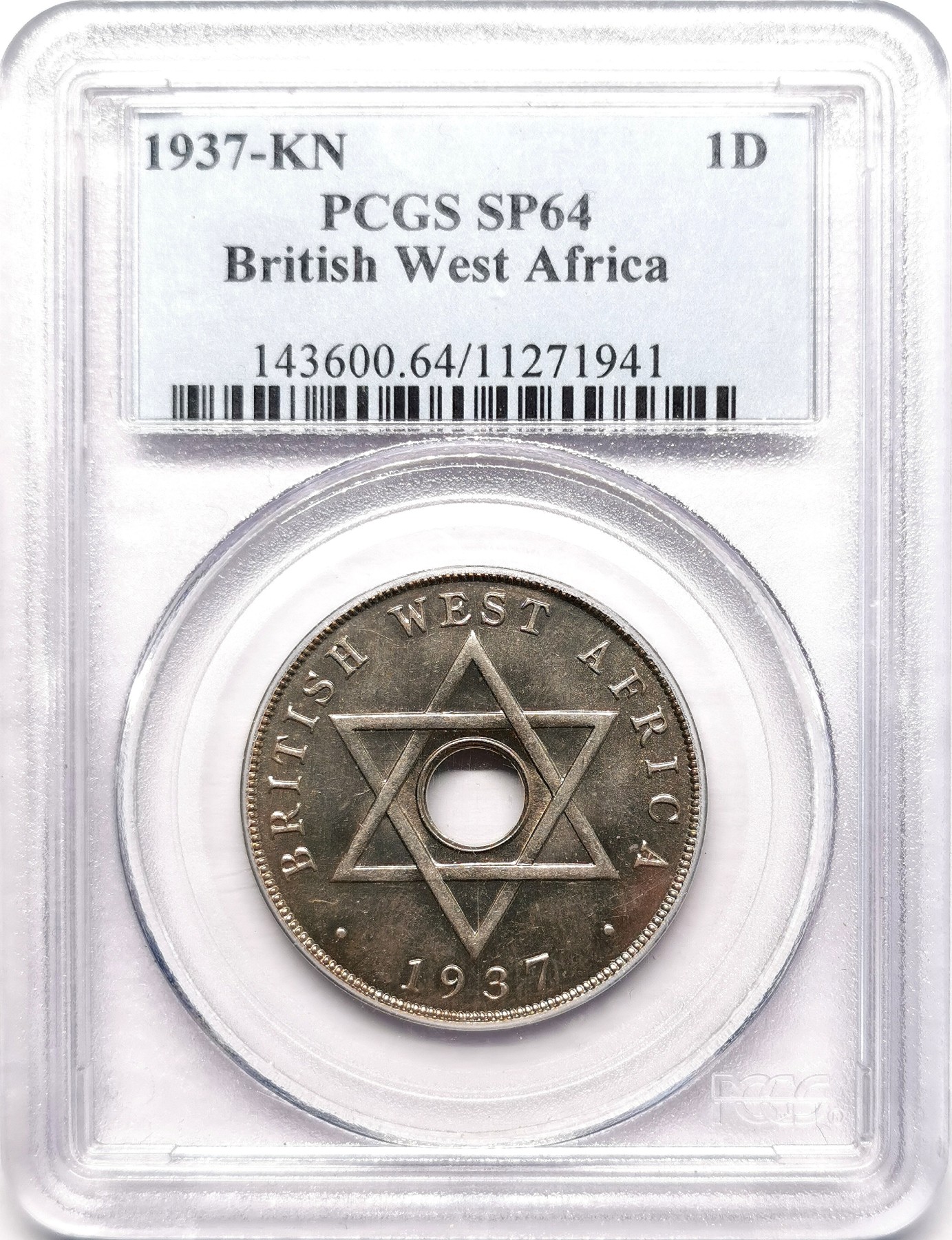 凡希社世界钱币微拍第二百五十五期 1937KN英属西非中孔1便士PCGS-SP64 
