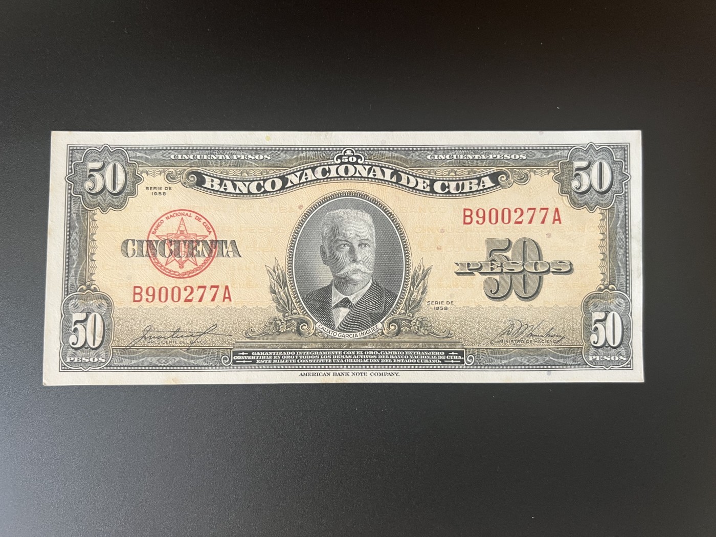 🌗乐淘淘纸币拍卖 第30期 裸钞场🌓 【B900277A】古巴1958年纸币 50比索 UNC