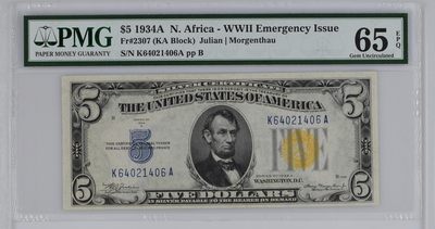收藏联盟Quantum Auction 第306期拍卖  - 美国1934年5元黄库印北非券 PMG65