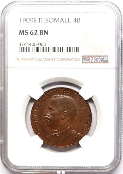 凡希社世界钱币微拍第二百五十五期 - 荐！1909R意属索马里4Besa铜币NGC-MS62原铜光罕见品质！