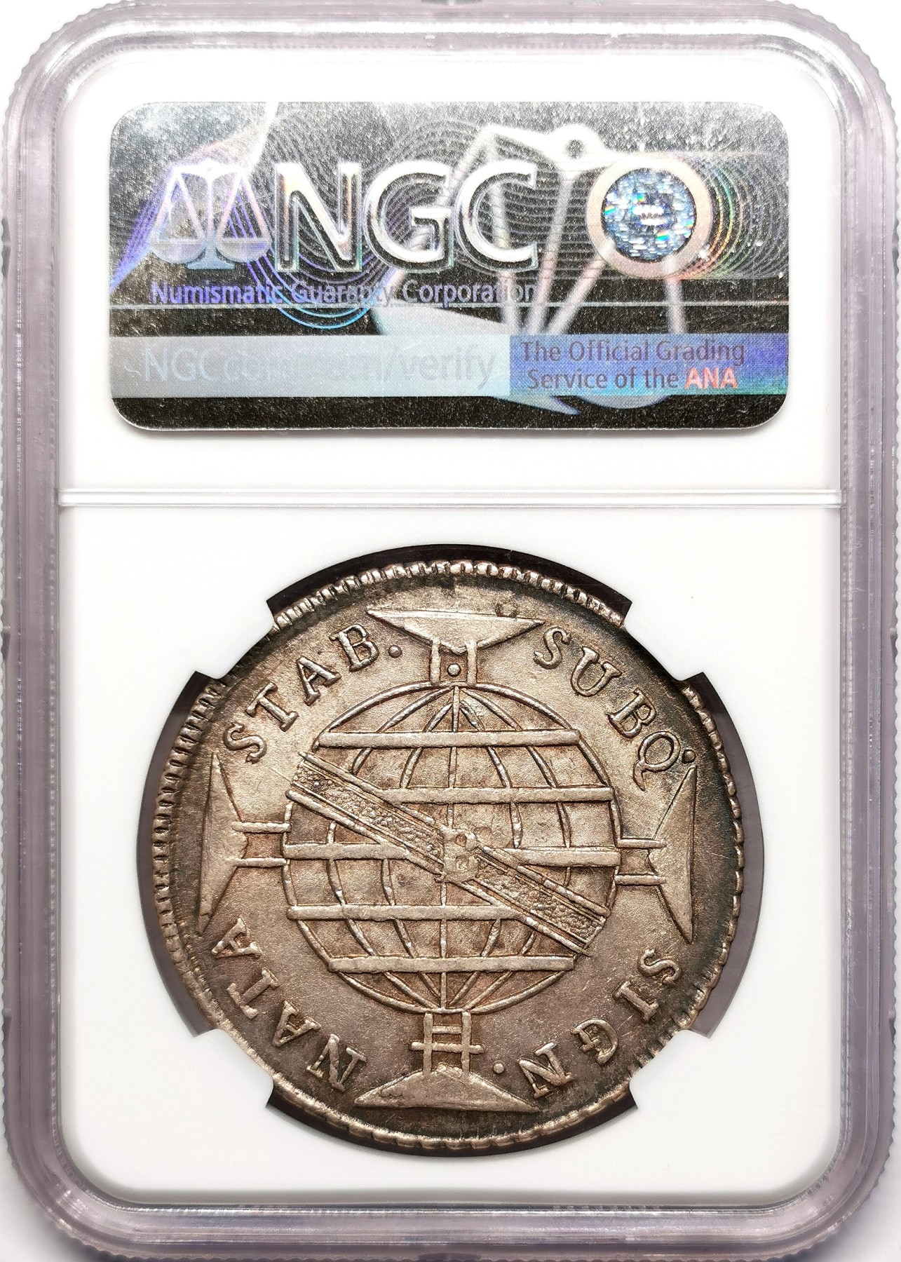 凡希社世界钱币微拍第二百五十五期 1814B葡属巴西地球仪960R大银NGC-MS62紫金五彩！