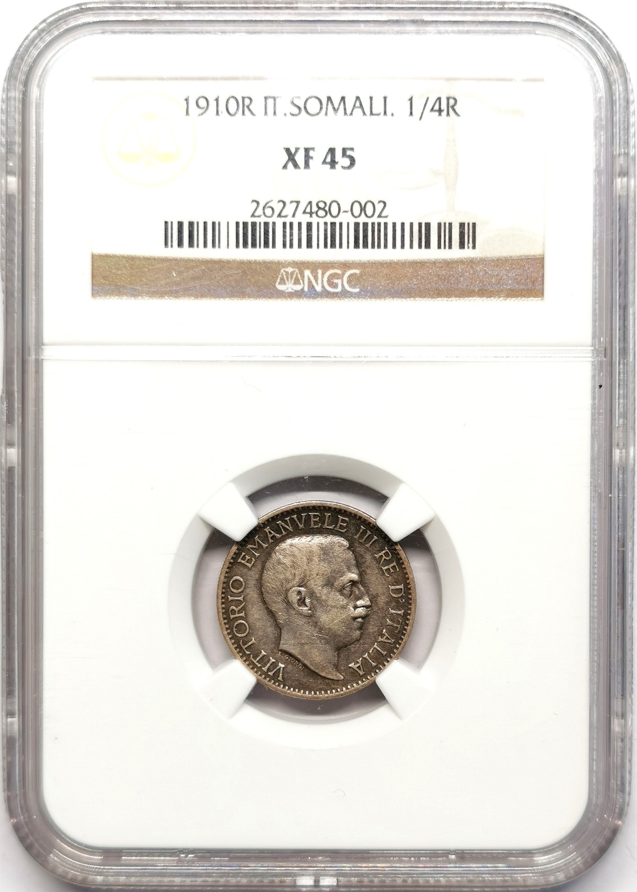 凡希社世界钱币微拍第二百五十五期 1910R意属索马里1/4卢比NGC-XF45