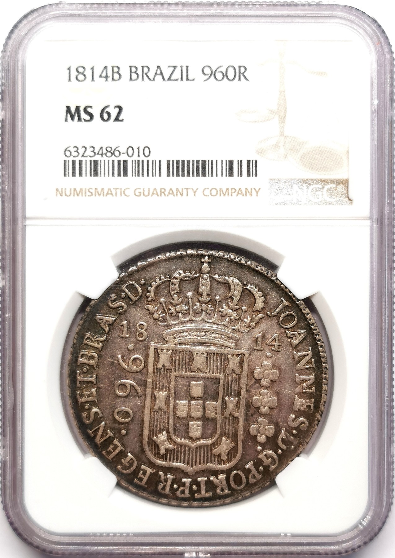 凡希社世界钱币微拍第二百五十五期 1814B葡属巴西地球仪960R大银NGC-MS62紫金五彩！