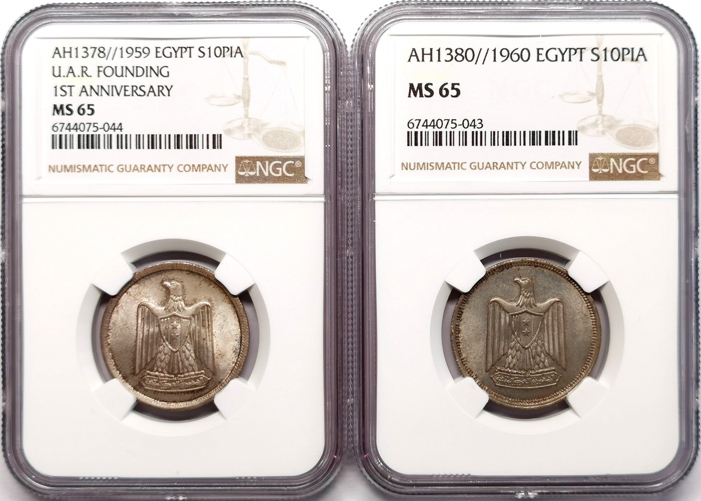 凡希社世界钱币微拍第二百五十五期 1959/1960埃及阿联10P银币一对NGC-MS65流通&纪念版！