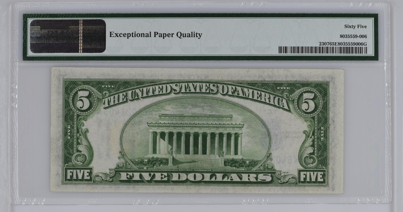 收藏联盟Quantum Auction 第306期拍卖  美国1934年5元黄库印北非券 PMG65