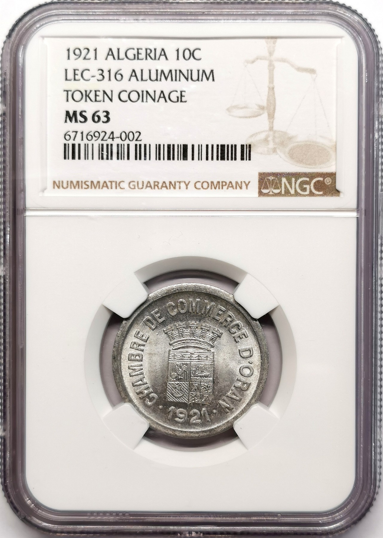 凡希社世界钱币微拍第二百五十五期 1921阿尔及利亚10分铝质代用币NGC-MS63