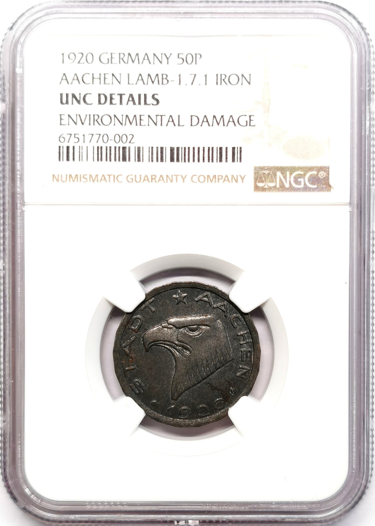 凡希社世界钱币微拍第二百五十五期 1920亚琛鹰50芬尼铁币NGC-UNCD