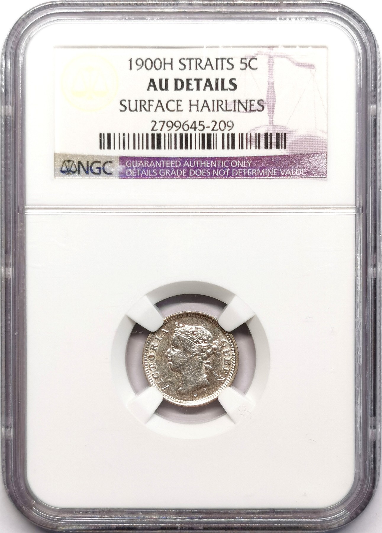 凡希社世界钱币微拍第二百五十五期 1900H海峡小维5分银毫NGC-AUD