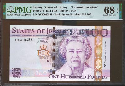 世界靓号纸钞第三十四期 - 2012年泽西岛100镑 女王登基60周年纪念钞 全程无347尾8 PMG68超高分 亚军分 更高分只有一张