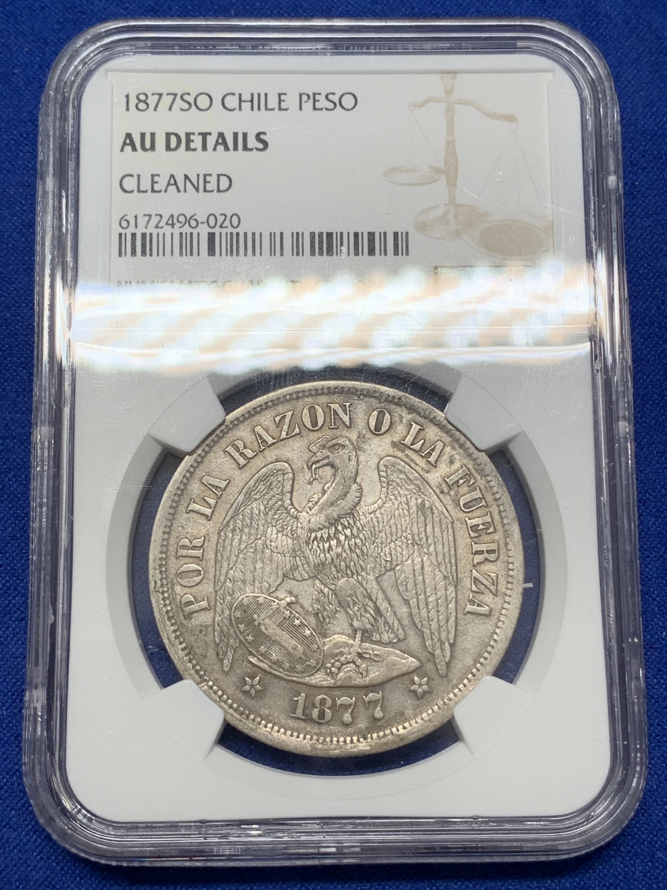 《竞宝斋》第218场-周日，周一 2场 (全场包邮) NGC AU 智利 1877年SO 1比索 秃鹰大银币