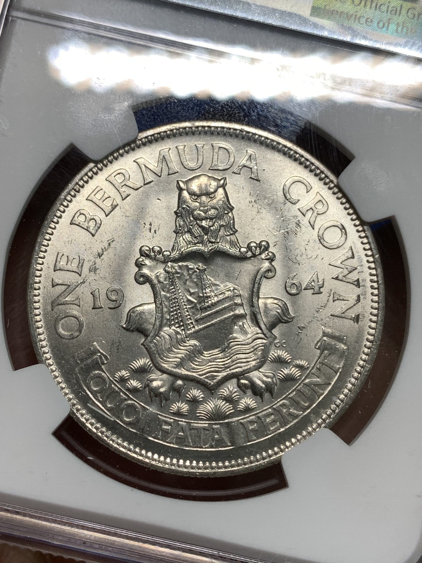 《竞宝斋》第218场-周日，周一 2场 (全场包邮) NGC-MS63 英属百慕大1964年伊丽莎白二世青年头像克朗银币 头像十分漂亮