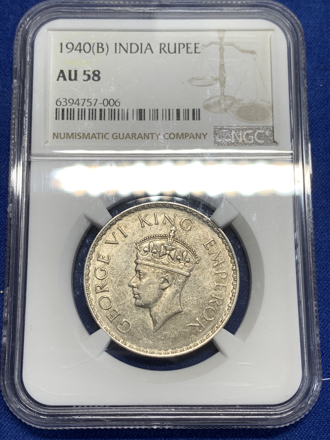 《竞宝斋》第218场-周日，周一 2场 (全场包邮) NGC-AU58 英属印度1940B 1卢比银币带原光