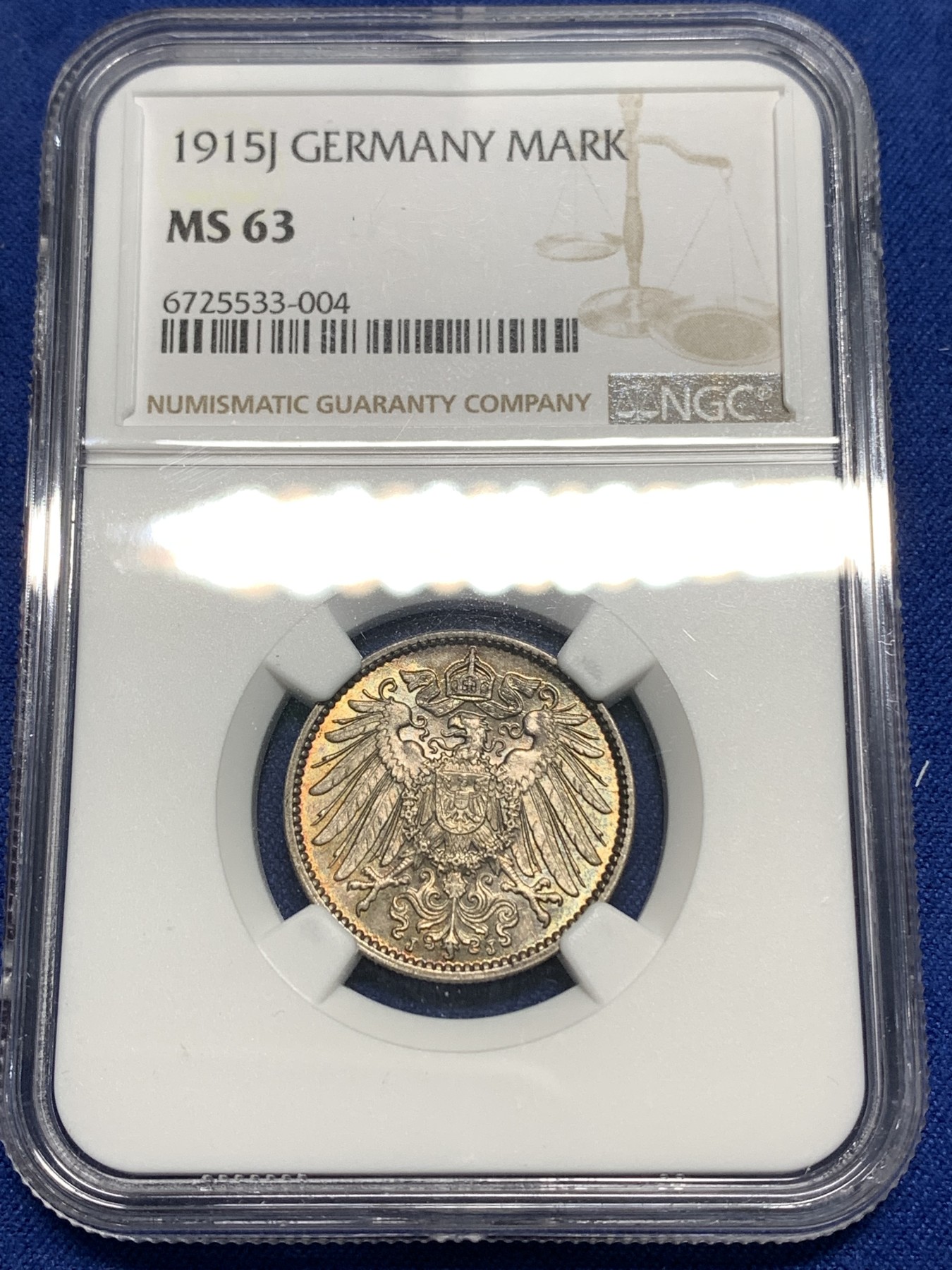 《竞宝斋》第218场-周日，周一 2场 (全场包邮) NGC-MS63 德国1915年1马克银币，一面强车轮黄油转光，一面酱彩深包浆，绝对严评不止这个分数