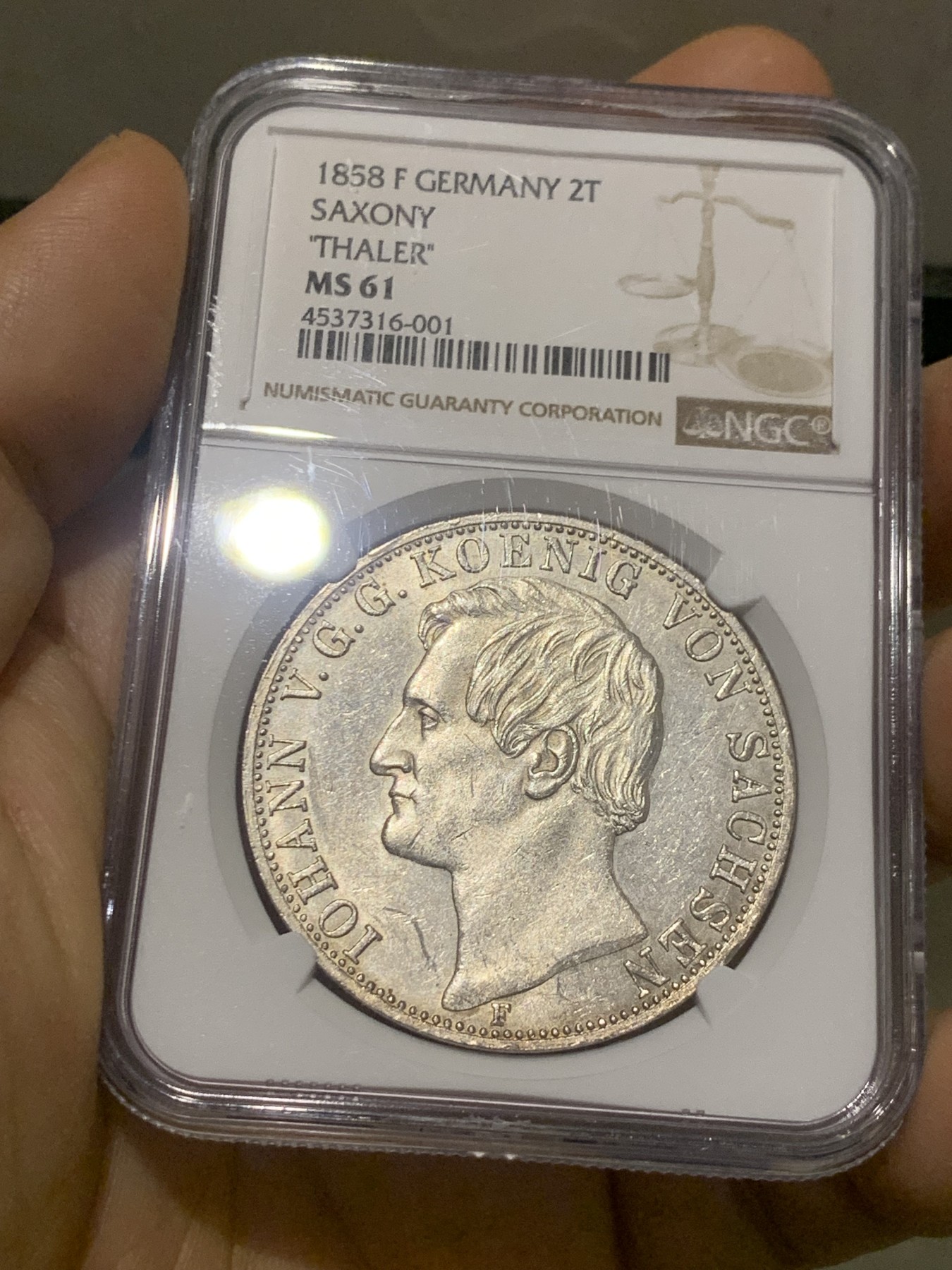 《竞宝斋》第218场-周日，周一 2场 (全场包邮) NGC MS61 德国 1858 萨克森王国 约翰一世 2泰勒 37克大银币 单年版 难遇品种