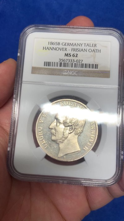 《竞宝斋》第218场-周日，周一 2场 (全场包邮) NGC MS62 1865年德国汉诺威橡树泰勒，热门经典品种，发行量2000，NGC老盒，镜面品质，高点俱在，藏家出品，低评了