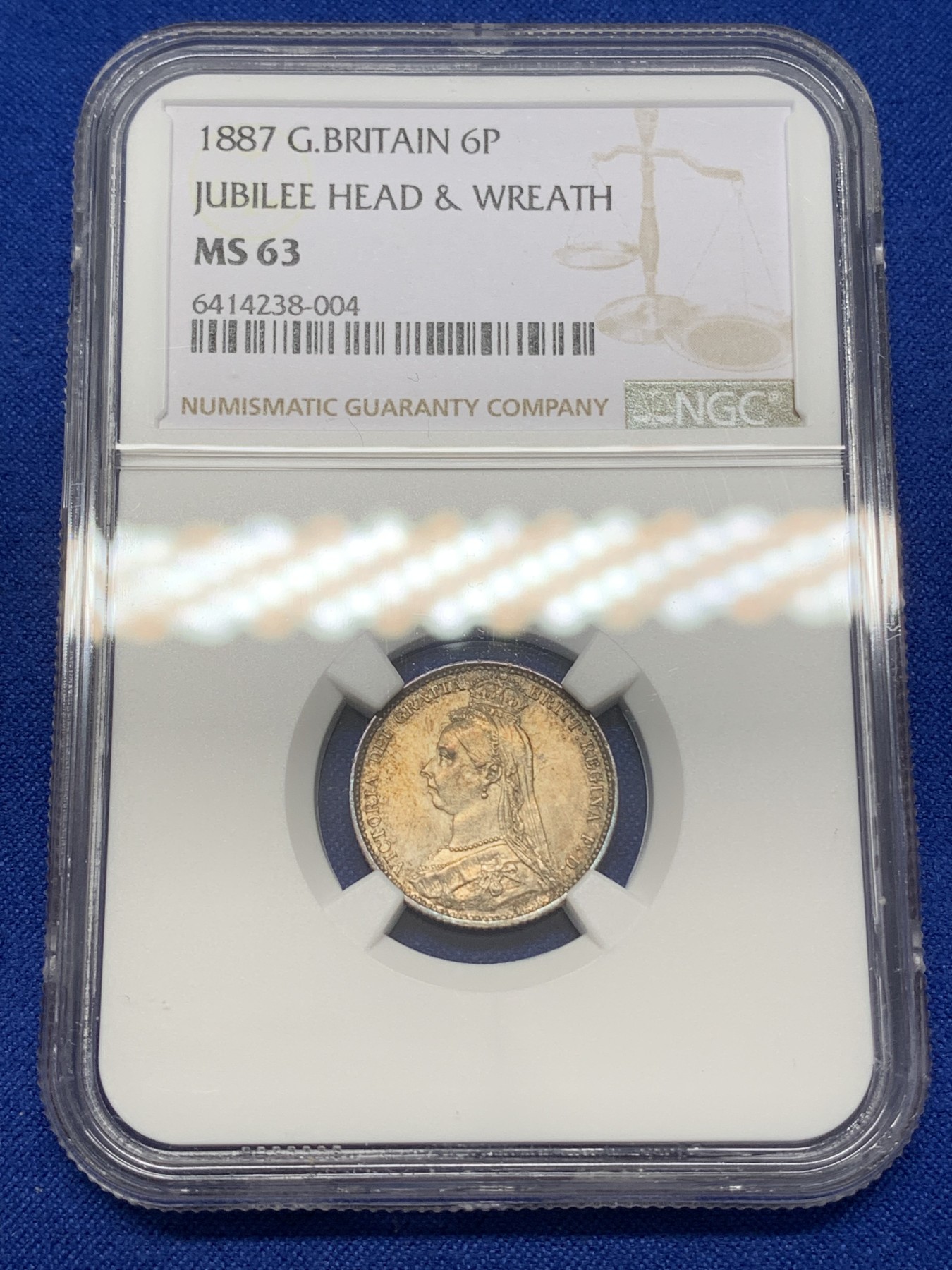 《竞宝斋》第218场-周日，周一 2场 (全场包邮) NGC-MS63 英国1887年维多利亚高冠6便士银币 数字面值版