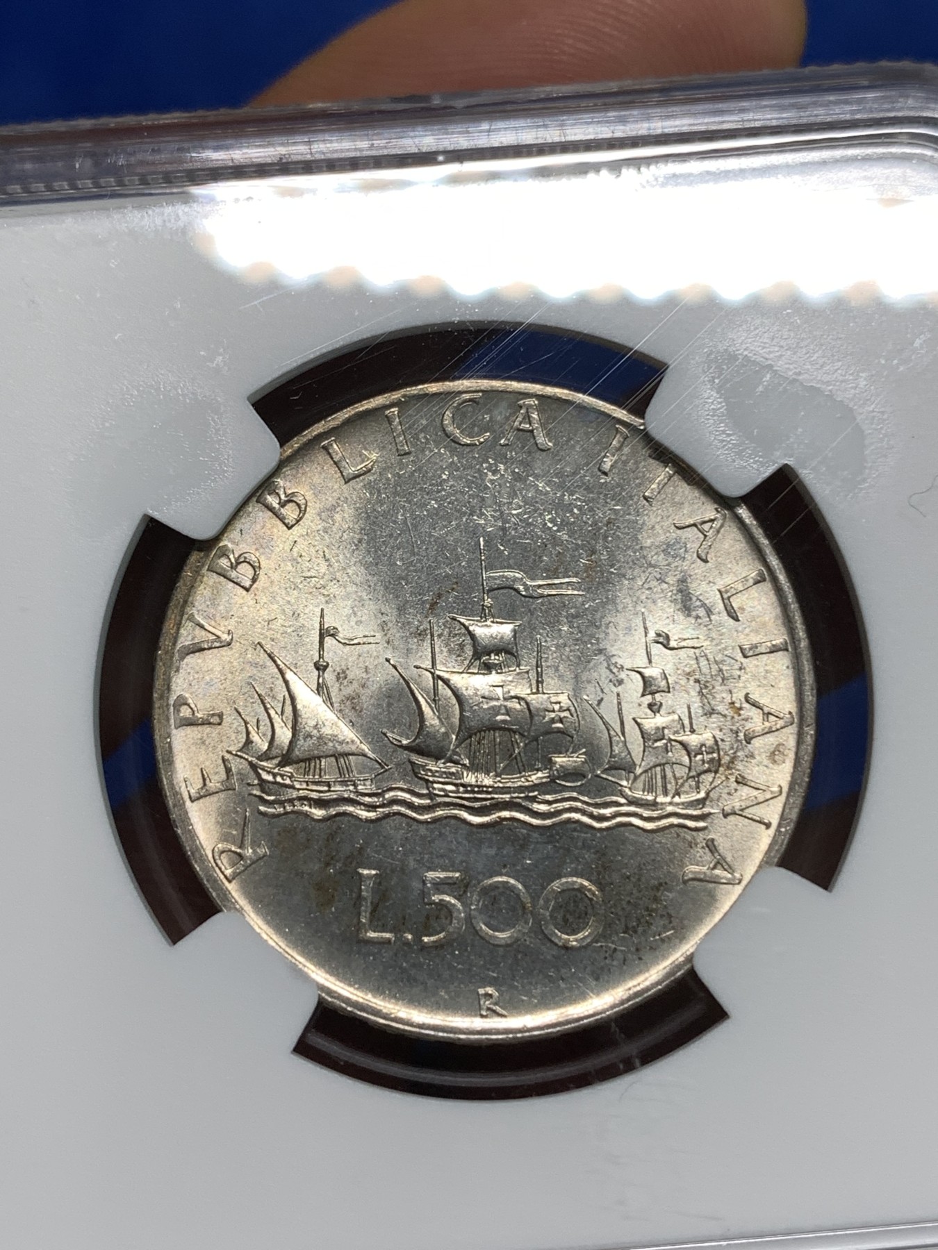 《竞宝斋》第218场-周日，周一 2场 (全场包邮) NGC-MS63 意大利1959年500里拉银币，经典人妻帆船设计，早期年份