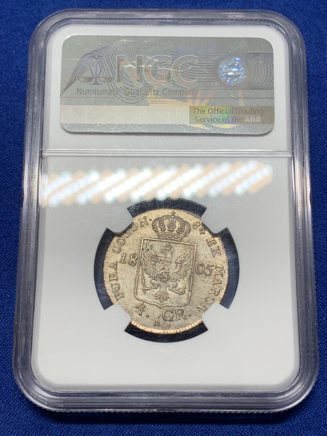 《竞宝斋》第218场-周日，周一 2场 (全场包邮) 冠军分! NGC-MS62 德国 1805年 普鲁士威廉三世 4格罗申银币 相当难见到的德系品种!