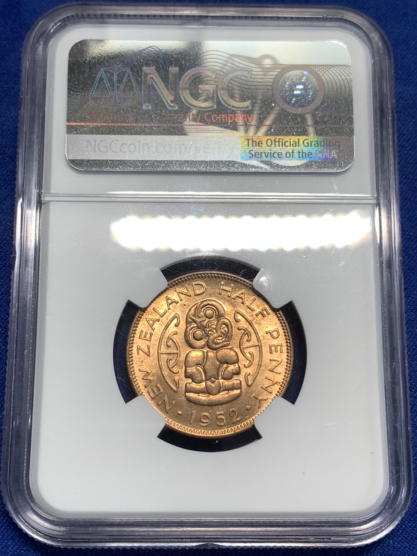 《竞宝斋》第218场-周日，周一 2场 (全场包邮) NGC MS64RD 新西兰1952年乔治六世1/2便士铜币