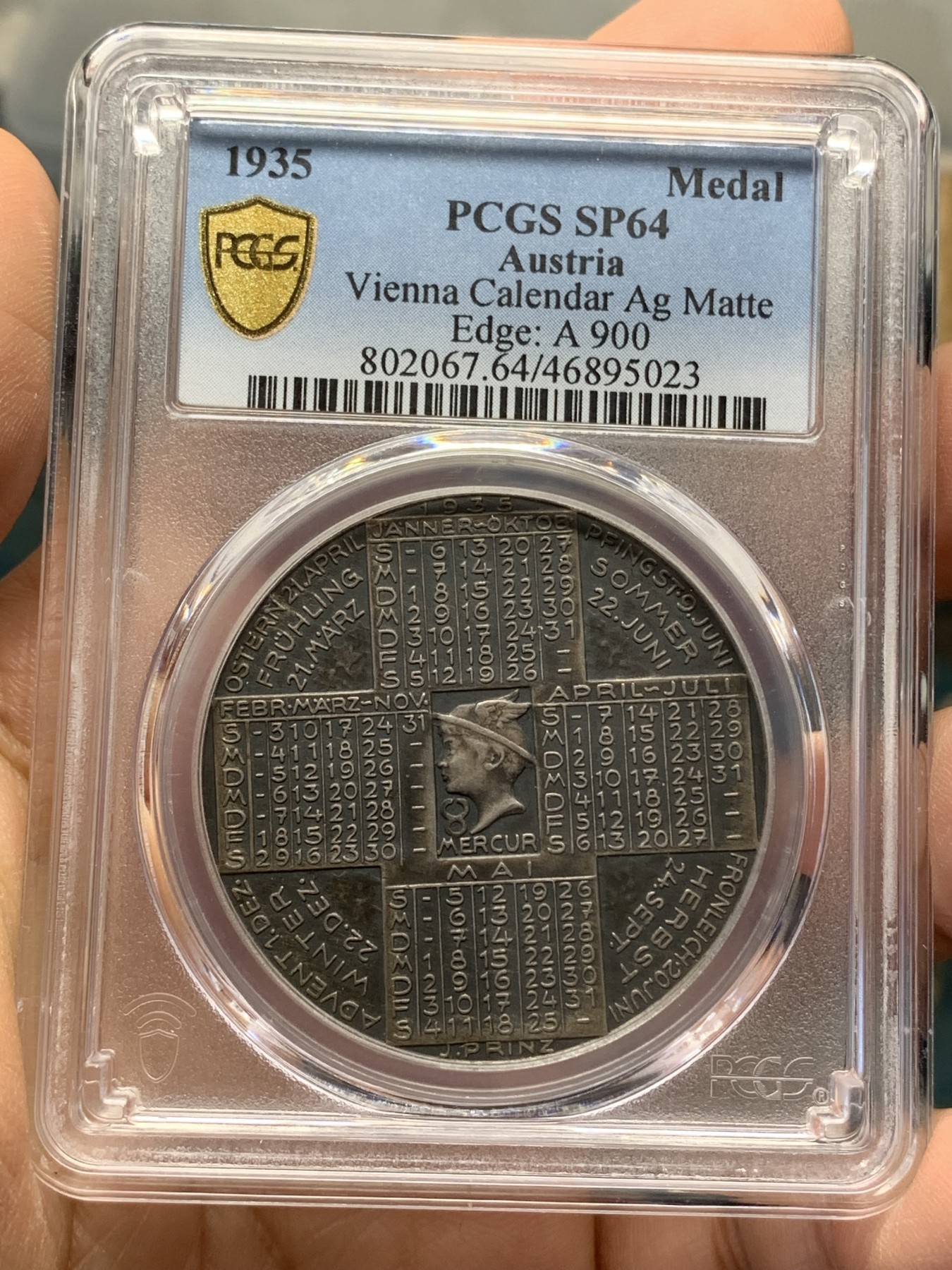 《竞宝斋》第218场-周日，周一 2场 (全场包邮) PCGS SP64 奥地利1935年十二星座日历银章！背面除了有日历，还有12星座。好品少见！