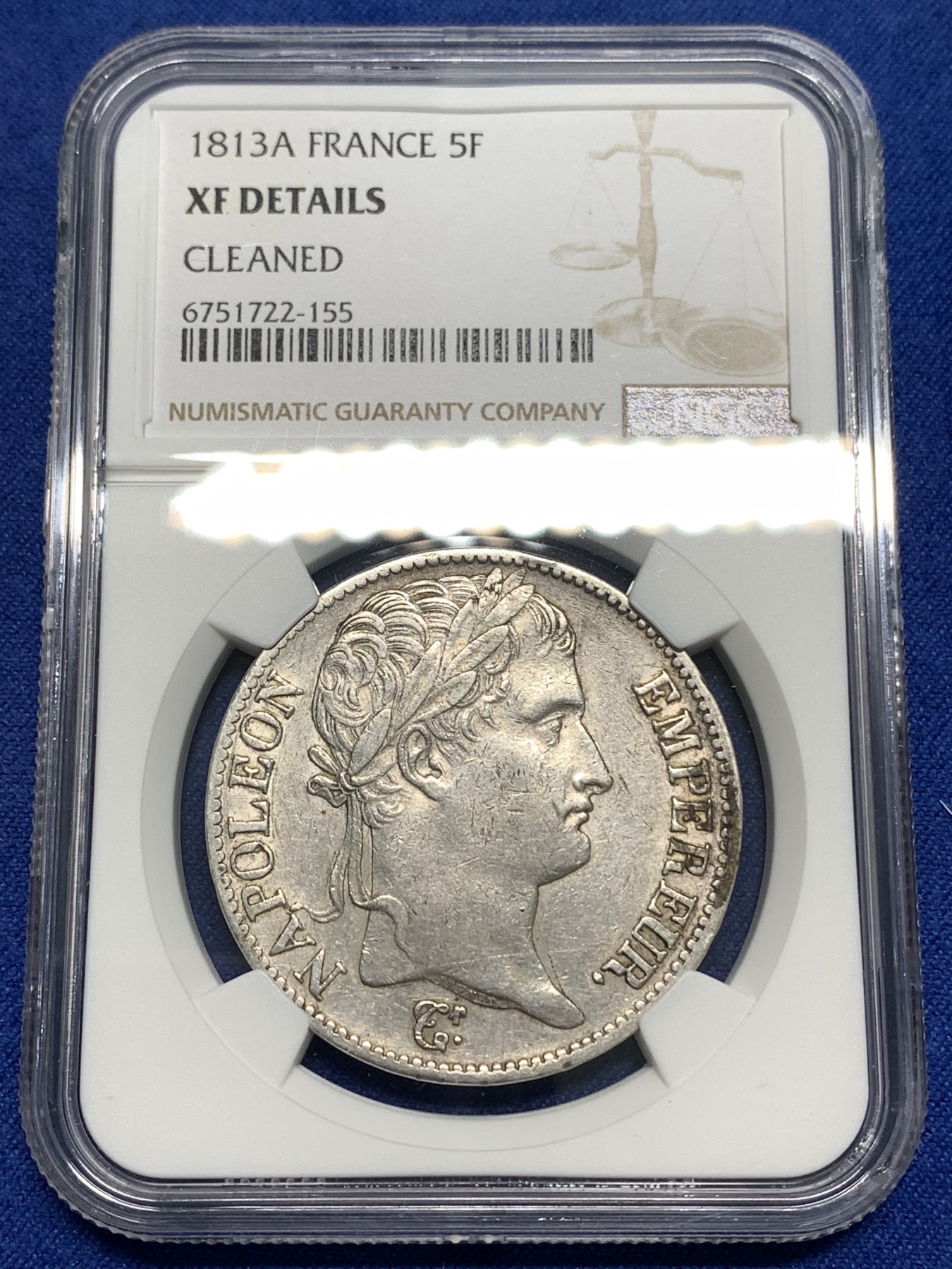 《竞宝斋》第218场-周日，周一 2场 (全场包邮) NGC XFD 法国1813年拿破仑5法郎银币