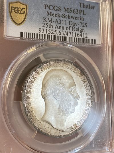 【北京钱博会拍卖周】万国钱币拍卖第020期 - PCGS MS63PL 1867年德国梅克伦堡-什未林1泰勒 发行量仅仅一万枚的小邦品种 PCGS唯一一枚PL 超强镜面与金彩包浆组合绝对不容错过