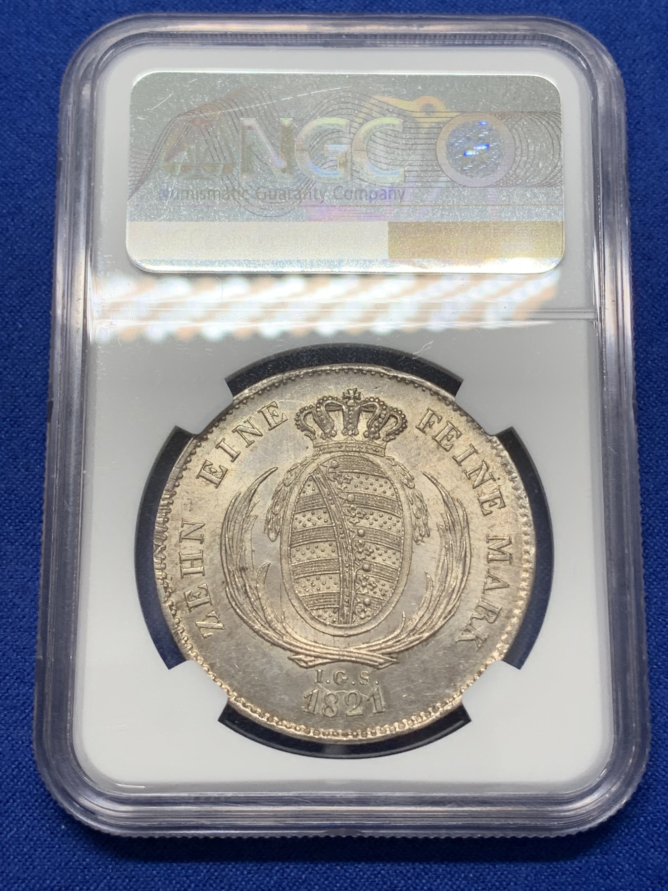 《竞宝斋》第218场-周日，周一 2场 (全场包邮) NGC-UNCD 德国 1821年 萨克森 1泰勒大银币,少见品种,淡黄油包浆,顶部取环痕迹几乎看不出,币面划痕少