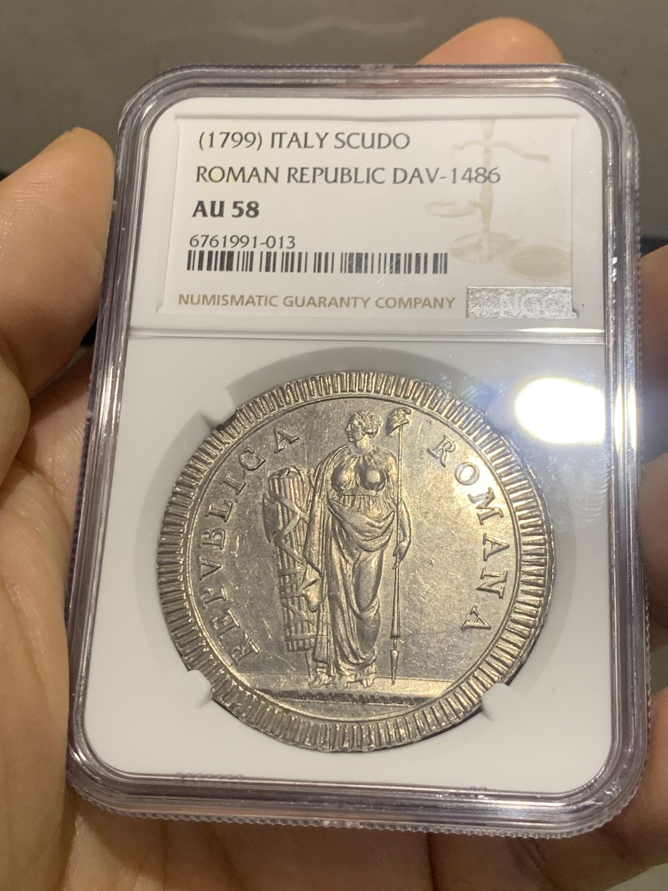 《竞宝斋》第218场-周日，周一 2场 (全场包邮) NGC AU58 意大利罗马共和国 1799年1scudo大银币，存在极短的政权，只发行了一年