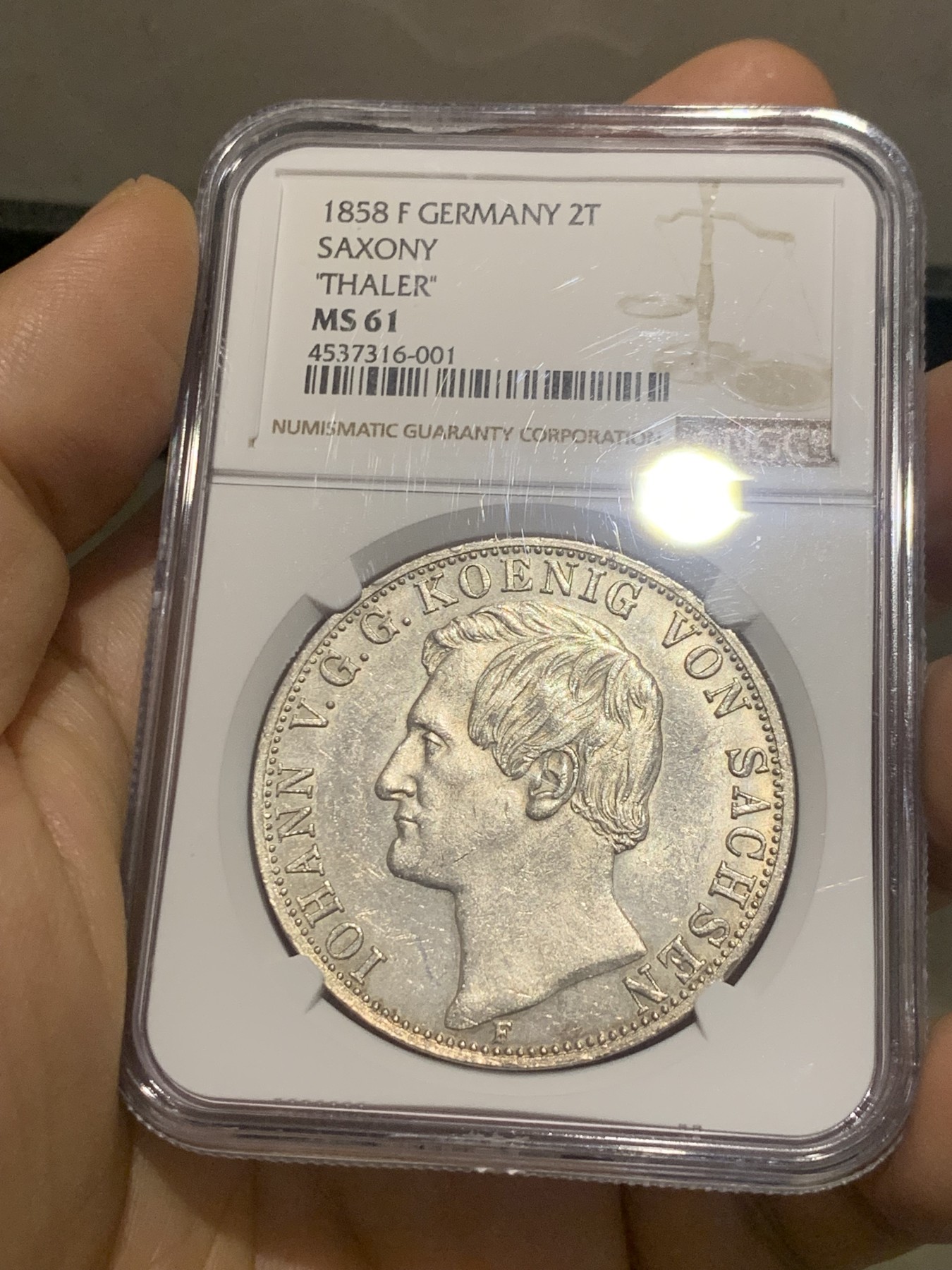 《竞宝斋》第218场-周日，周一 2场 (全场包邮) NGC MS61 德国 1858 萨克森王国 约翰一世 2泰勒 37克大银币 单年版 难遇品种