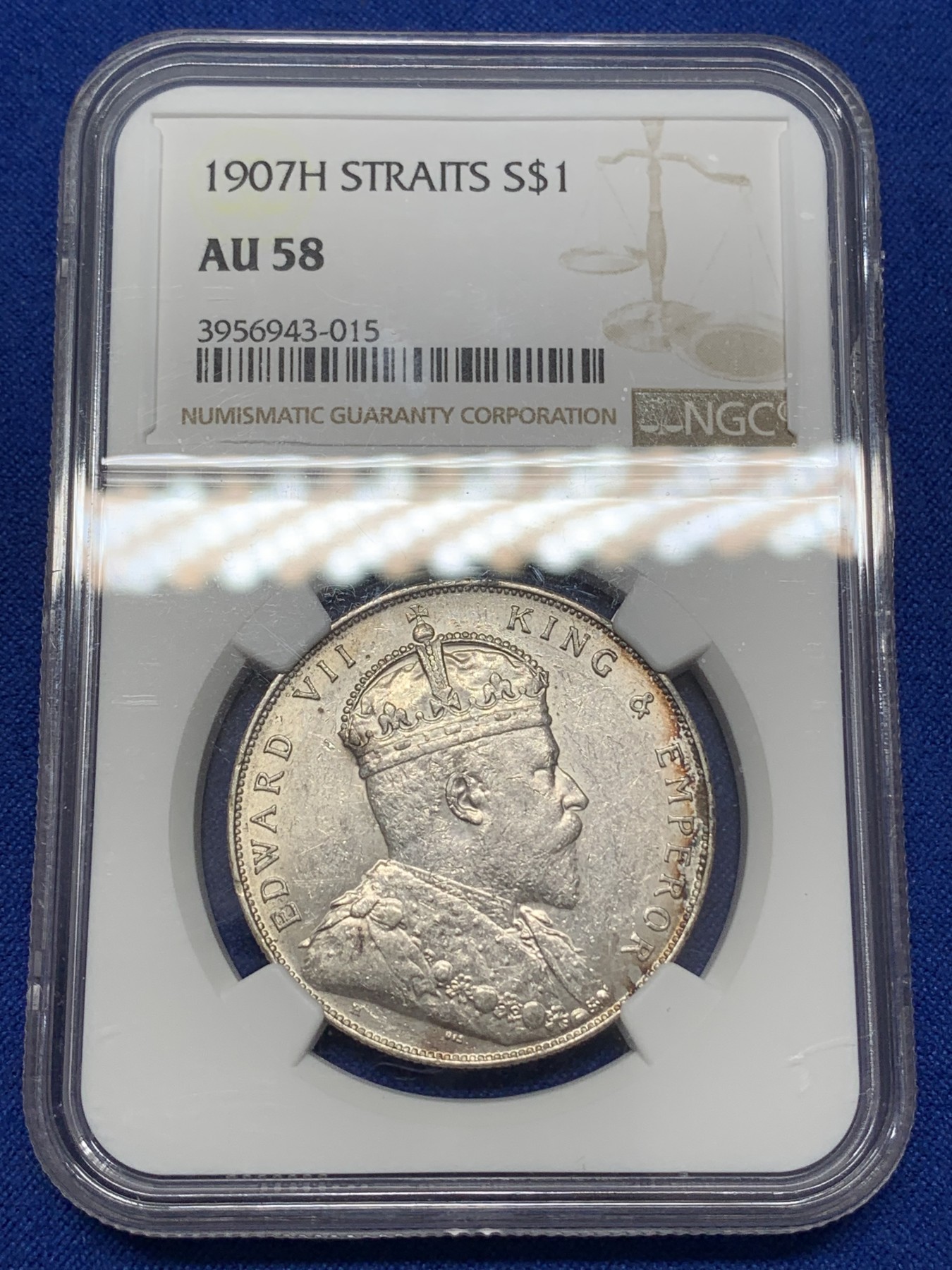 《竞宝斋》第218场-周日，周一 2场 (全场包邮) NGC AU58 英属海峡 1907 爱七 1元 银币 小样版本 底板光洁 值得收藏