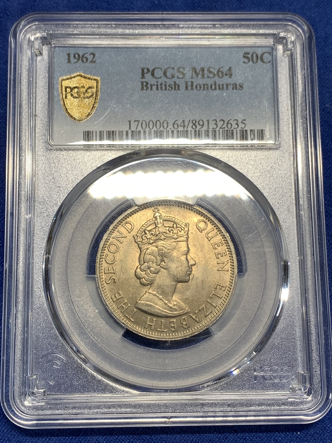 《竞宝斋》第218场-周日，周一 2场 (全场包邮) PCGS金盾 MS64 英属洪都拉斯1962年50分镍币
